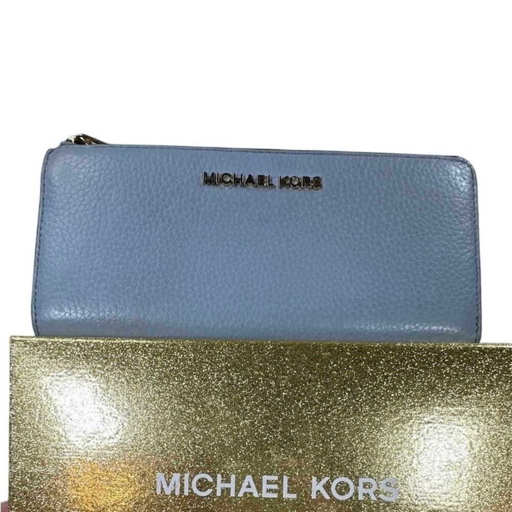 Michael Kors Continental Wallet Blue Pebbled Leather Gold Box